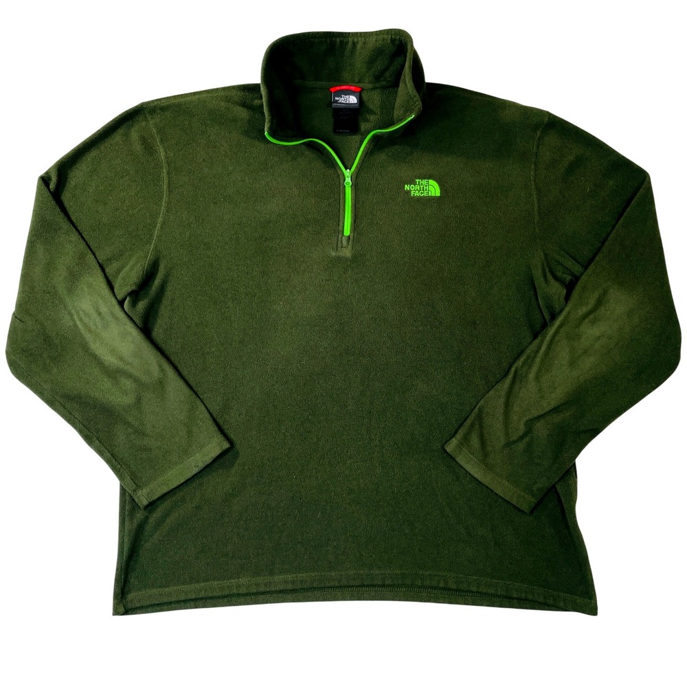 The North Face Mens L TKA 100 1/4 Zip Fleece Pullover Olive Green Neon Lime Logo